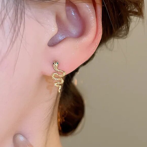 3/$35 Modern Gold Tone Snake Dangle Stud Earrings Copper Zircon Inlay Jewelry - Picture 7 of 7